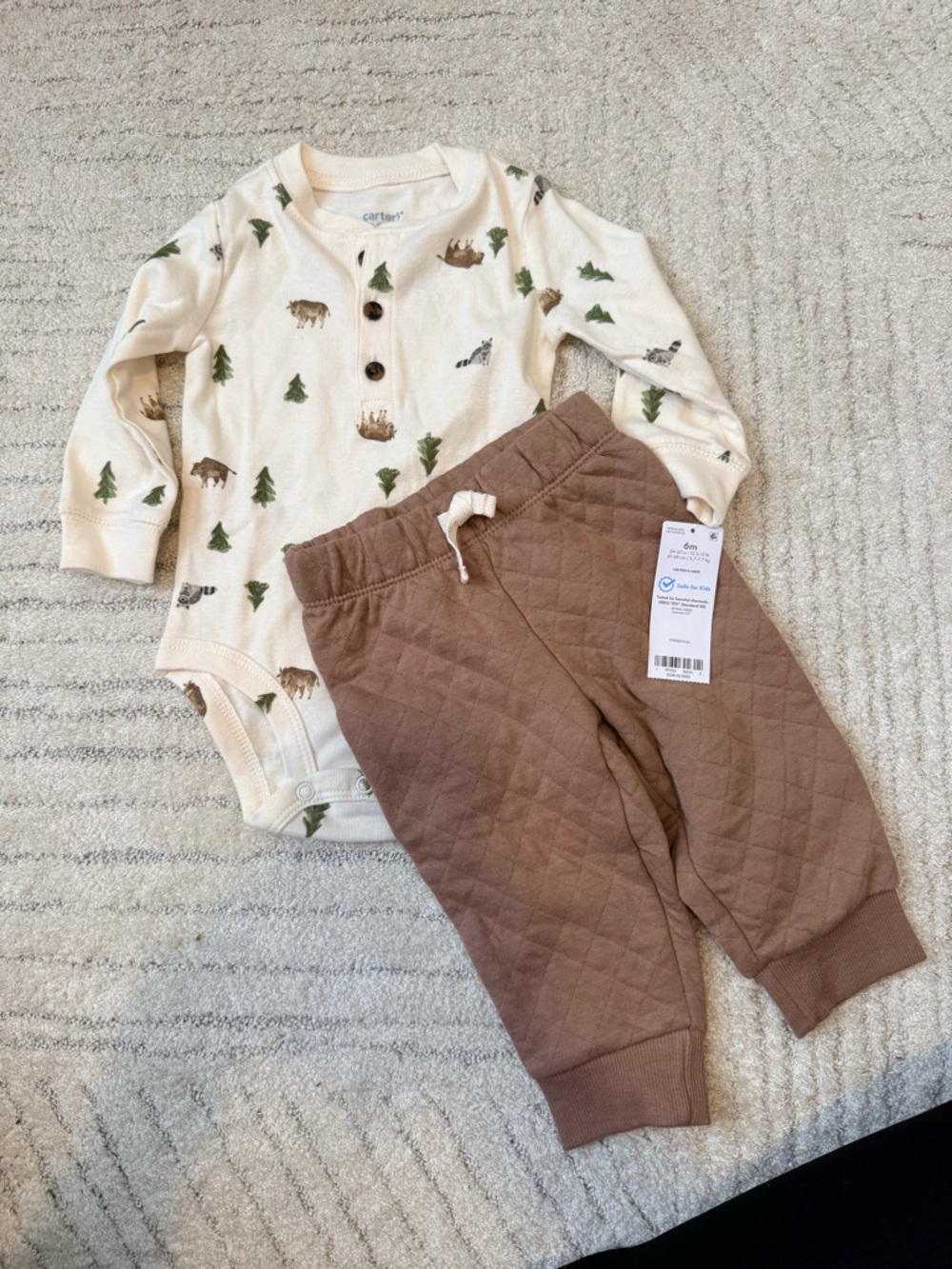 Carter's Cream Forest Print Henley Bodysuit with Brown Quilted Pants
